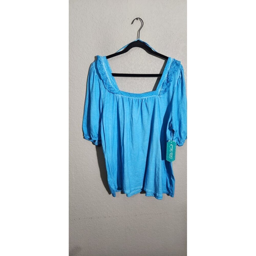 The Pioneer Woman Flutter Sleeve Square Neck Top Womens 2XL Blue Grotto Lace New